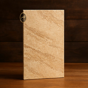 سنگ تراورتن بژ نیاسری با رگه‌های افقی طبیعی، انتخابی لوکس برای نما و کف‌پوش ساختمان‌های مدرن و کلاسیک.